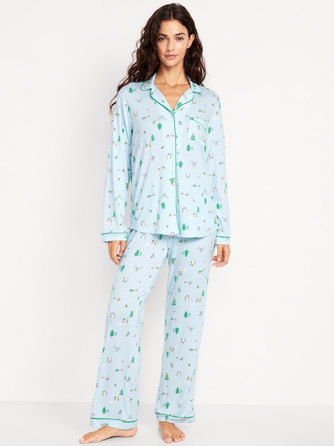Sunday Sleep Knit Jersey Pant Set - Winter Village Blue