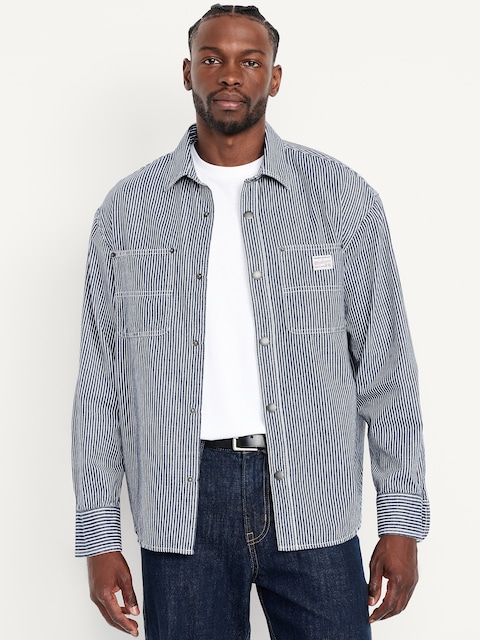 Oversized Striped Workwear Shacket - Indigo Stripe