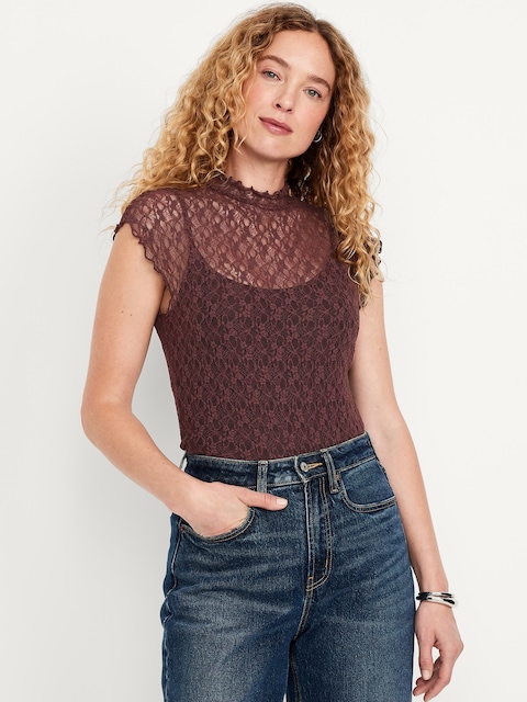 Mock-Neck Lace Top - Dark Sepia