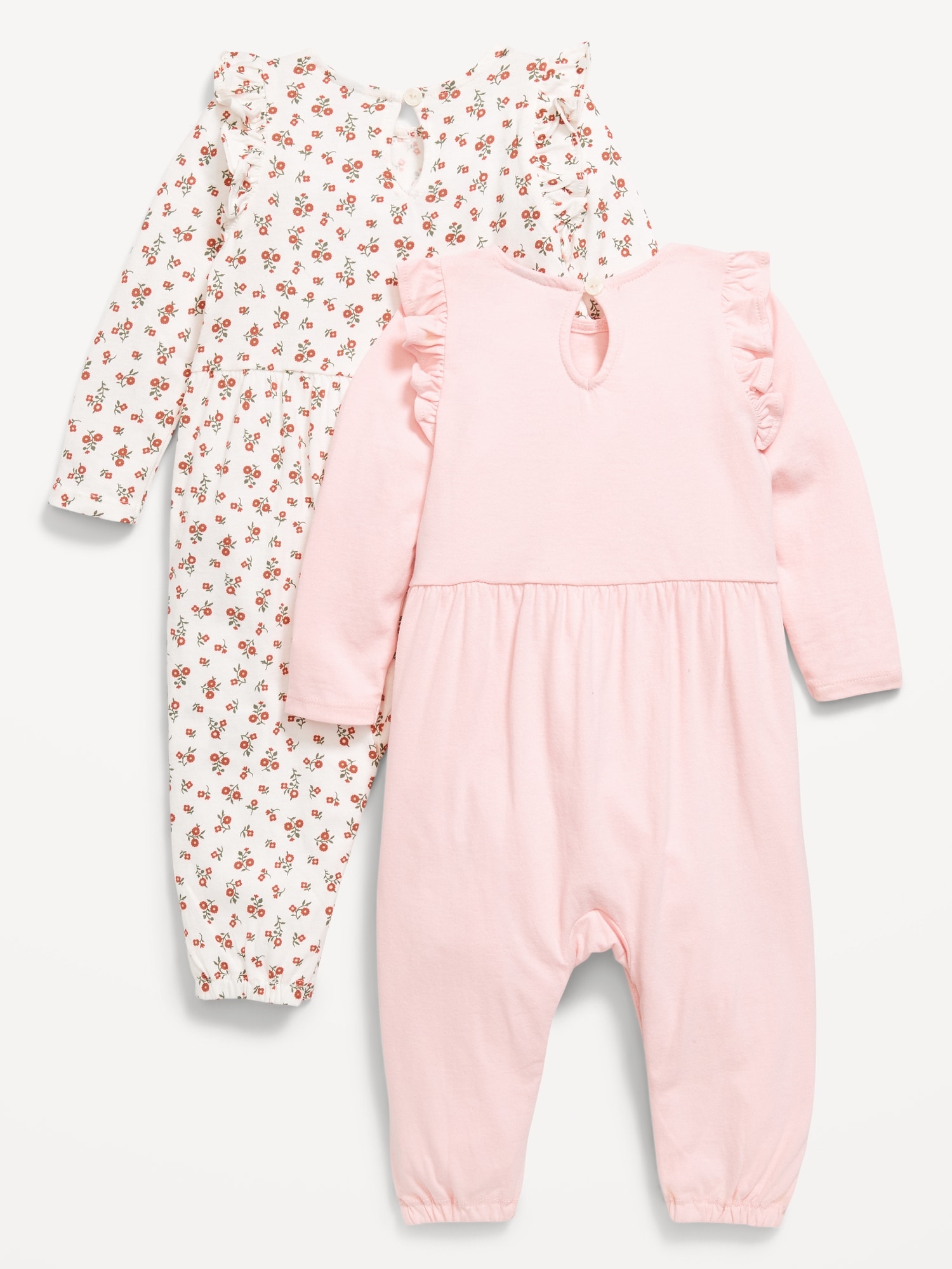 Printed Long-Sleeve Ruffle-Trim One-Piece 2-Pack for Baby