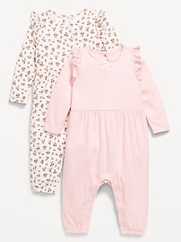 Image number 1 showing, Printed Long-Sleeve Ruffle-Trim One-Piece 2-Pack for Baby