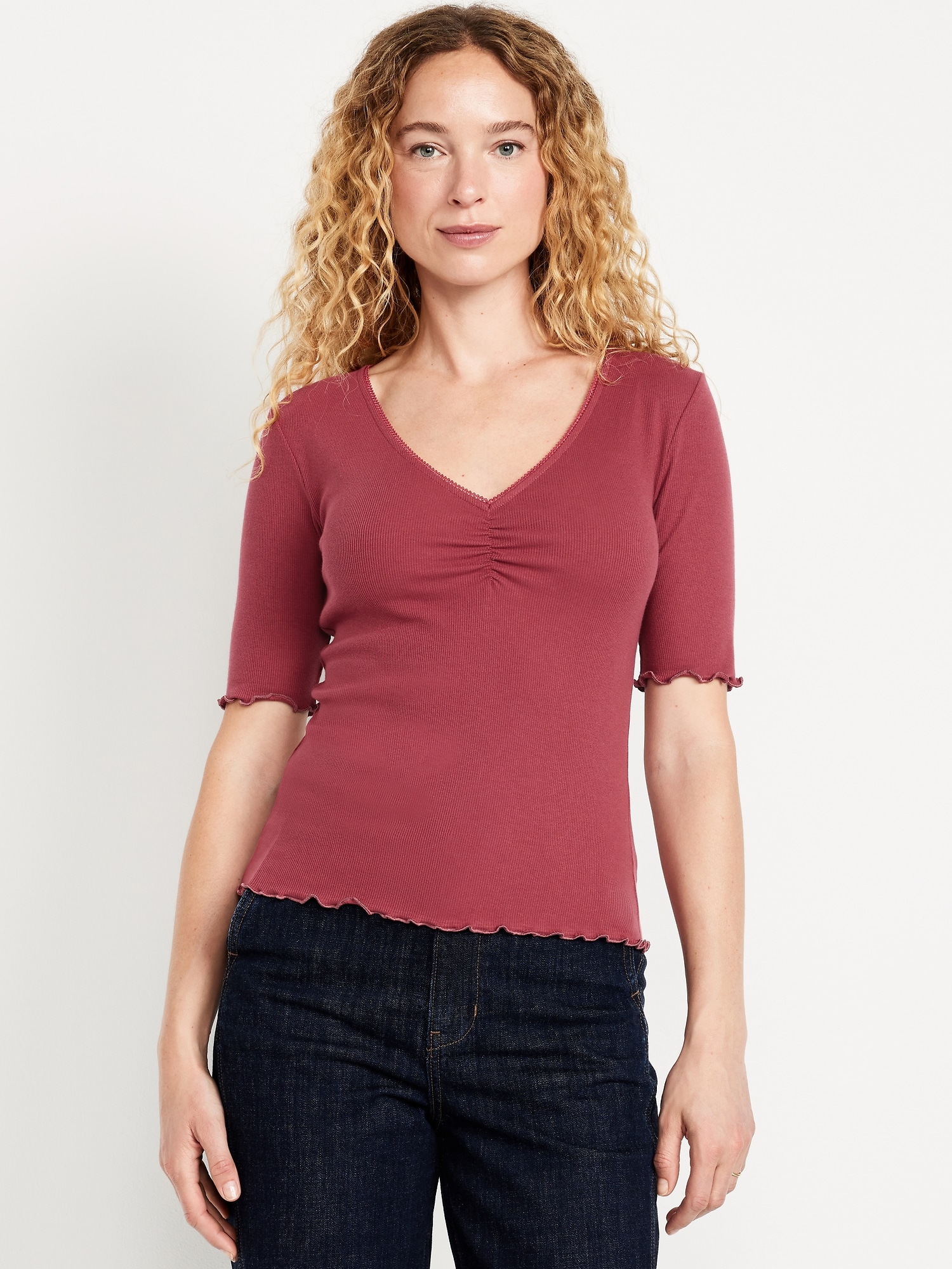 Ruffle-Trim Ribbed Top