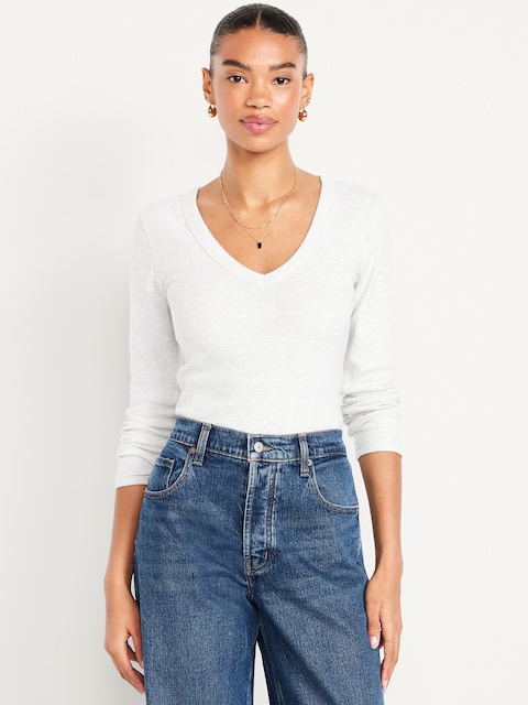 Long-Sleeve Cozy V-Neck Top - Light Heather Gray
