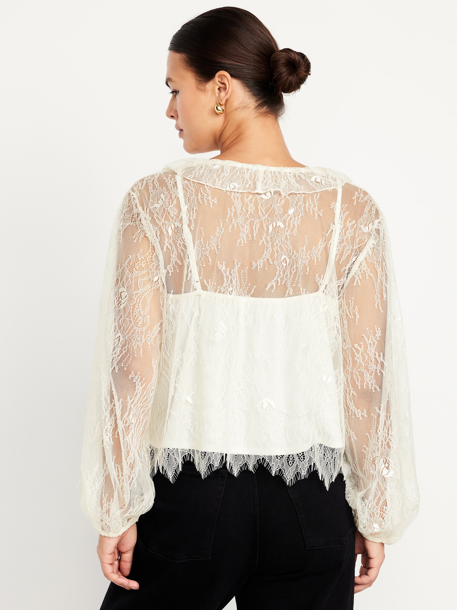 Long-Sleeve Lace V-Neck Lined Top