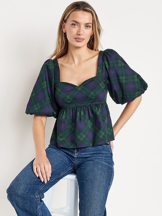 Image number 3 showing, Puff-Sleeve Plaid Peplum Top