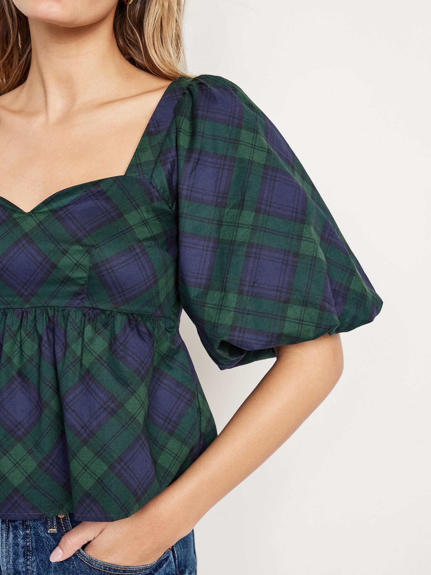 Puff-Sleeve Plaid Poplin Peplum Top