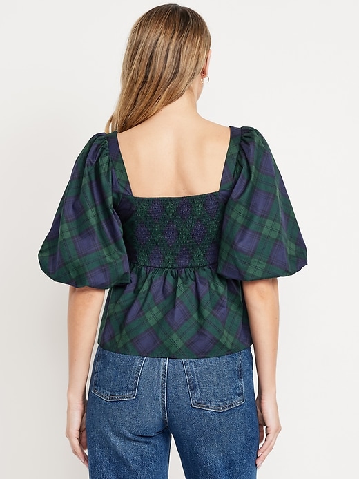 Image number 2 showing, Puff-Sleeve Plaid Peplum Top