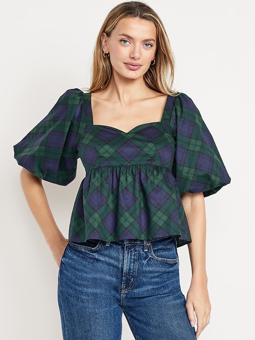 Image number 1 showing, Puff-Sleeve Plaid Peplum Top