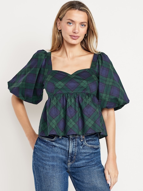 Puff-Sleeve Plaid Peplum Top