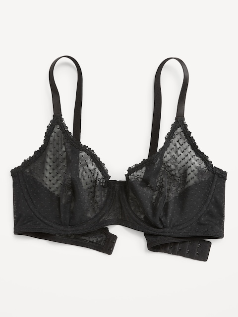 Lace-Trim Mesh-Dot Balconette Bra - Black Jack