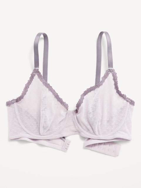 Lace-Trim Mesh-Dot Balconette Bra - Lilac Mist