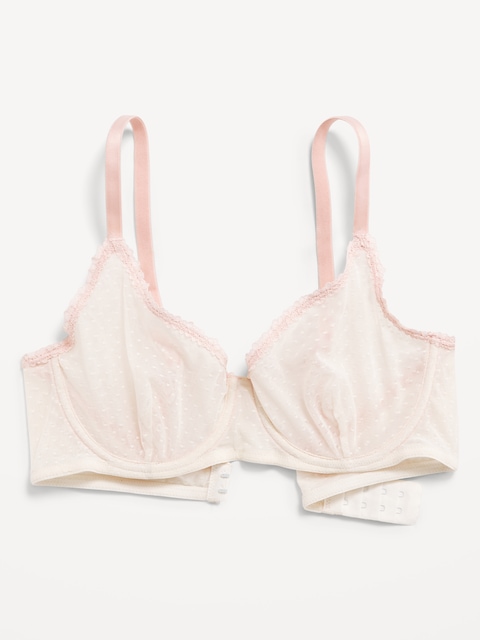 Lace-Trim Mesh-Dot Balconette Bra - Sea Salt
