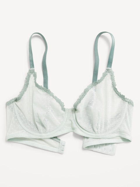 Lace-Trim Mesh-Dot Balconette Bra - Seafoam