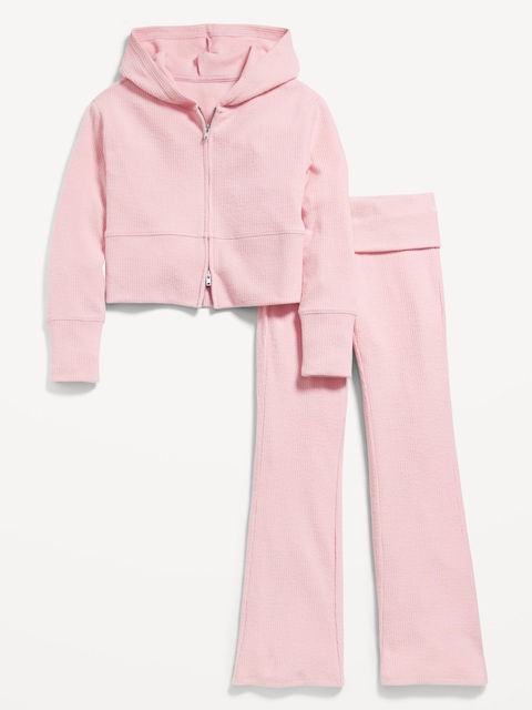 CozePlush Zip Hoodie and Flare-Leg Pants Set for Girls - Fairytale Rose