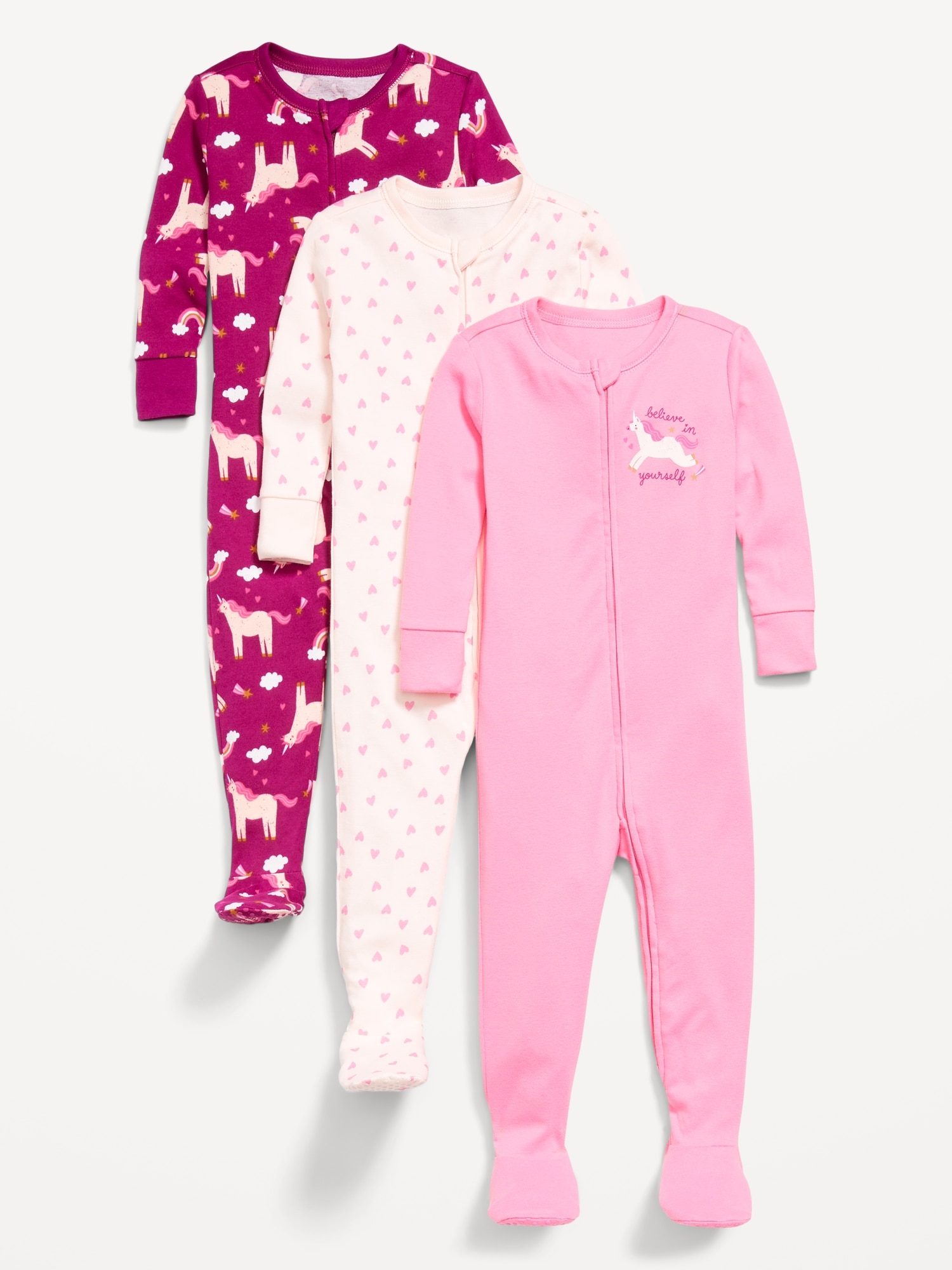 Snug-Fit 2-Way-Zip Ribbed Pajama One-Piece 3-Pack for Toddler & Baby