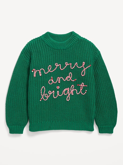 Image number 1 showing, Mock-Neck Embroidered Graphic Sweater for Toddler Girls