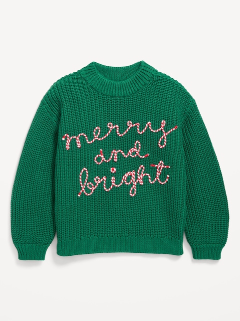Mock-Neck Embroidered Graphic Sweater for Toddler Girls
