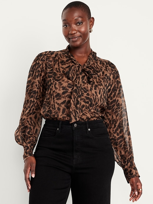 Image number 4 showing, Long-Sleeve Tie-Neck Chiffon Top