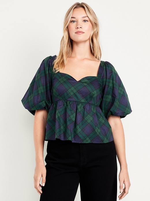 Image number 5 showing, Puff-Sleeve Plaid Peplum Top