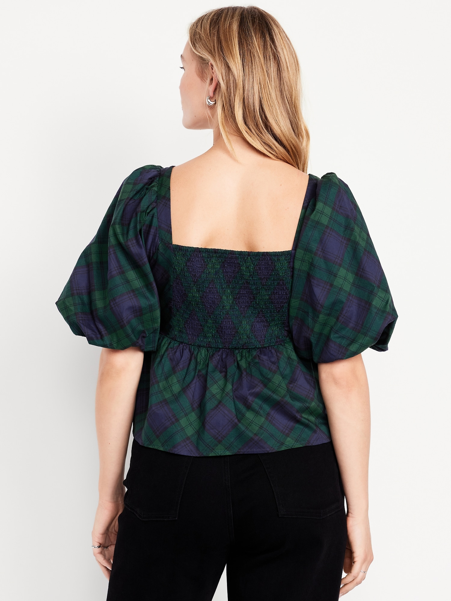 Puff-Sleeve Plaid Poplin Peplum Top