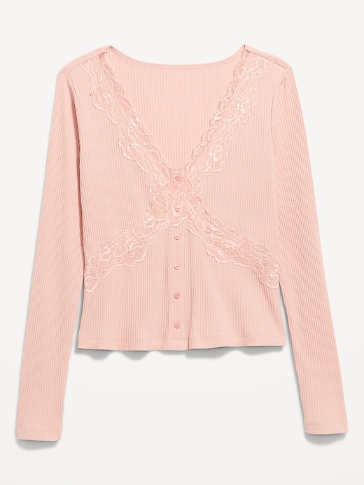Image number 1 showing, Lace-Trim V-Neck Ribbed Top