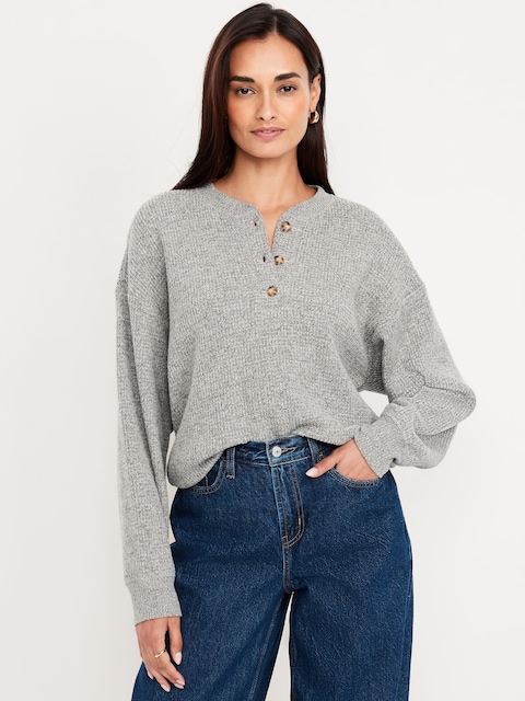 Oversized Cozy Waffle Henley Top - Panther