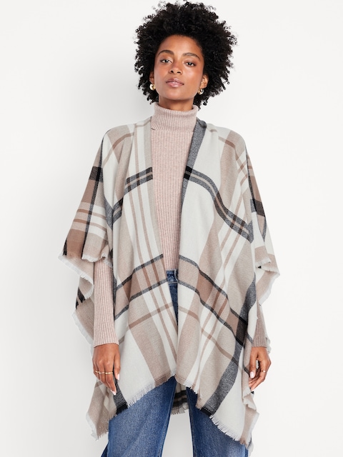 Flannel Fringe Poncho - Cream Combo