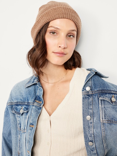 Rib-Knit Cuffed Beanie for Women - Heather Brown