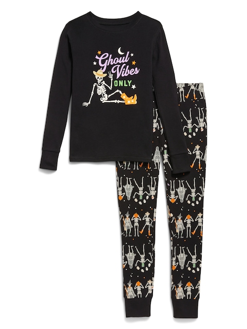 Gender-Neutral Snug-Fit Graphic Pajama Set for Kids - Skeleton Black (Match The Fam!)