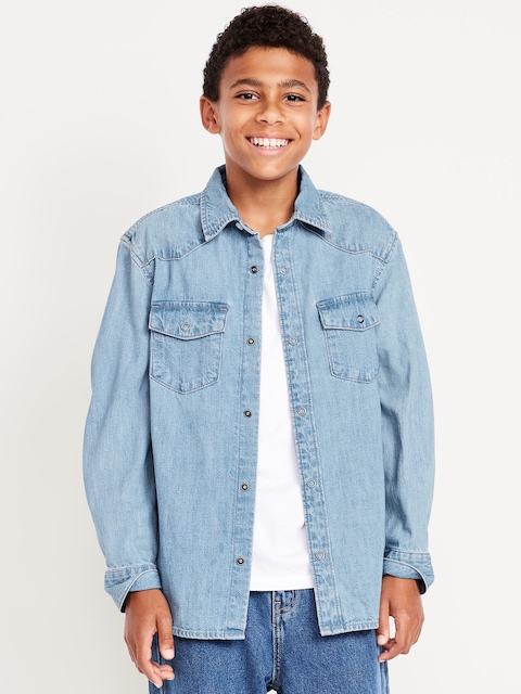 Long-Sleeve Western Pocket Jean Shirt for Boys - Medium Wash