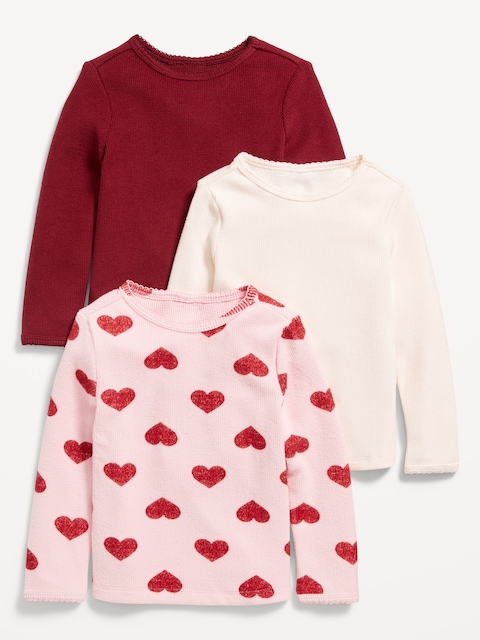 Long-Sleeve Waffle-Knit T-Shirt 3-Pack for Toddler Girls - Red Hearts