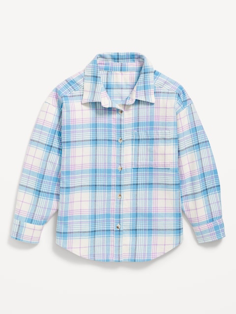 Oversized Long-Sleeve Plaid Flannel Shirt for Girls - White & Blue Plaid