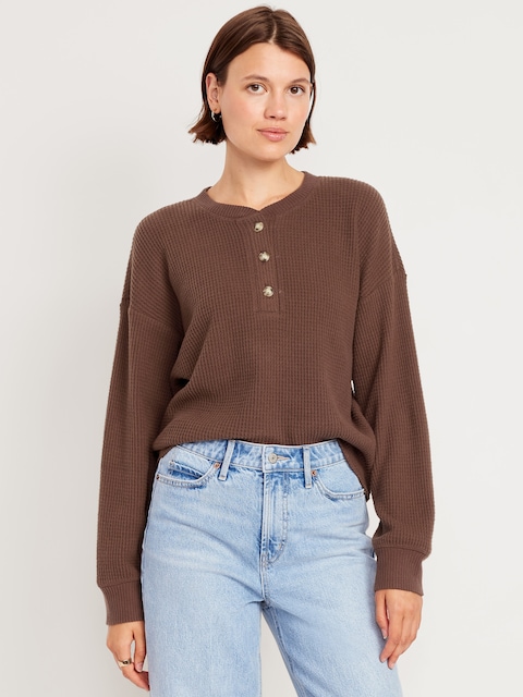 Oversized Cozy Waffle Henley Top - Tannin Brown