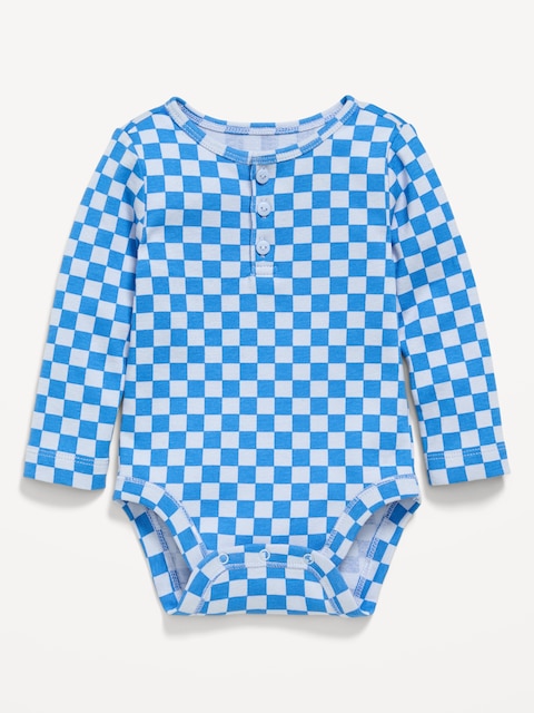 Printed Long-Sleeve Henley Bodysuit for Baby - Vista Blue Check