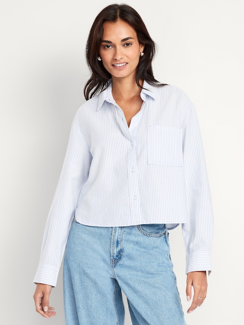 Cropped Button-Down Oxford Shirt - Blue Stripe