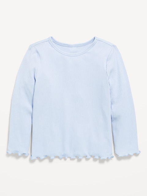 Long-Sleeve Lettuce-Edge Ribbed T-Shirt for Toddler Girls - Rock Pool