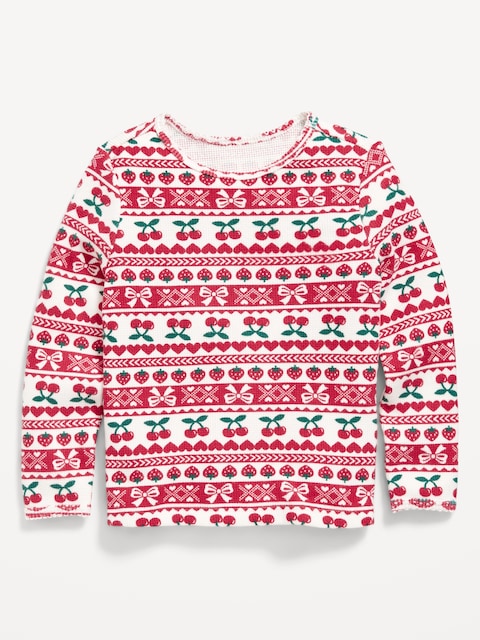 Printed Long-Sleeve Cozy Waffle T-Shirt for Toddler Girls - Red Fair Isle