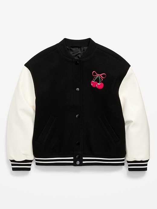 Image number 2 showing, Loose Button-Front Letterman-Style Bomber Jacket for Girls