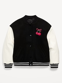 Image number 1 showing, Loose Button-Front Letterman-Style Bomber Jacket for Girls