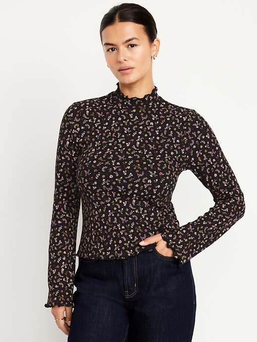 Mock-Neck Lettuce-Edge Rib Top