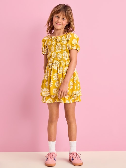 Image number 1 showing, Printed Puff-Sleeve Smocked Dress for Girls