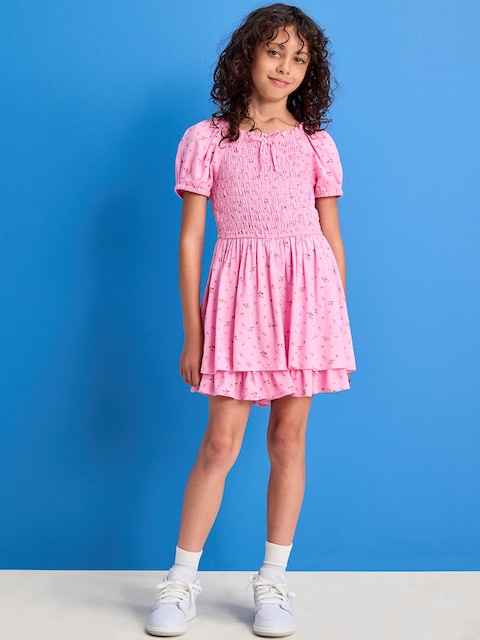 Printed Puff-Sleeve Smocked Dress for Girls - Pink Floral
