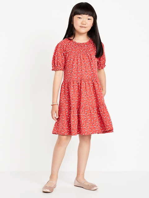 Printed Short-Sleeve Swing Dress for Girls - Pink Ditsy Floral