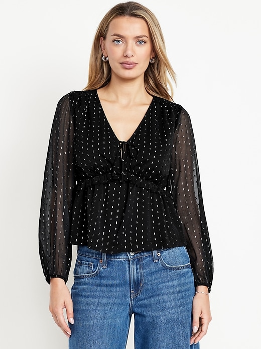 Image number 1 showing, Waist-Defined Ruffle-Trim Clip-Dot Top