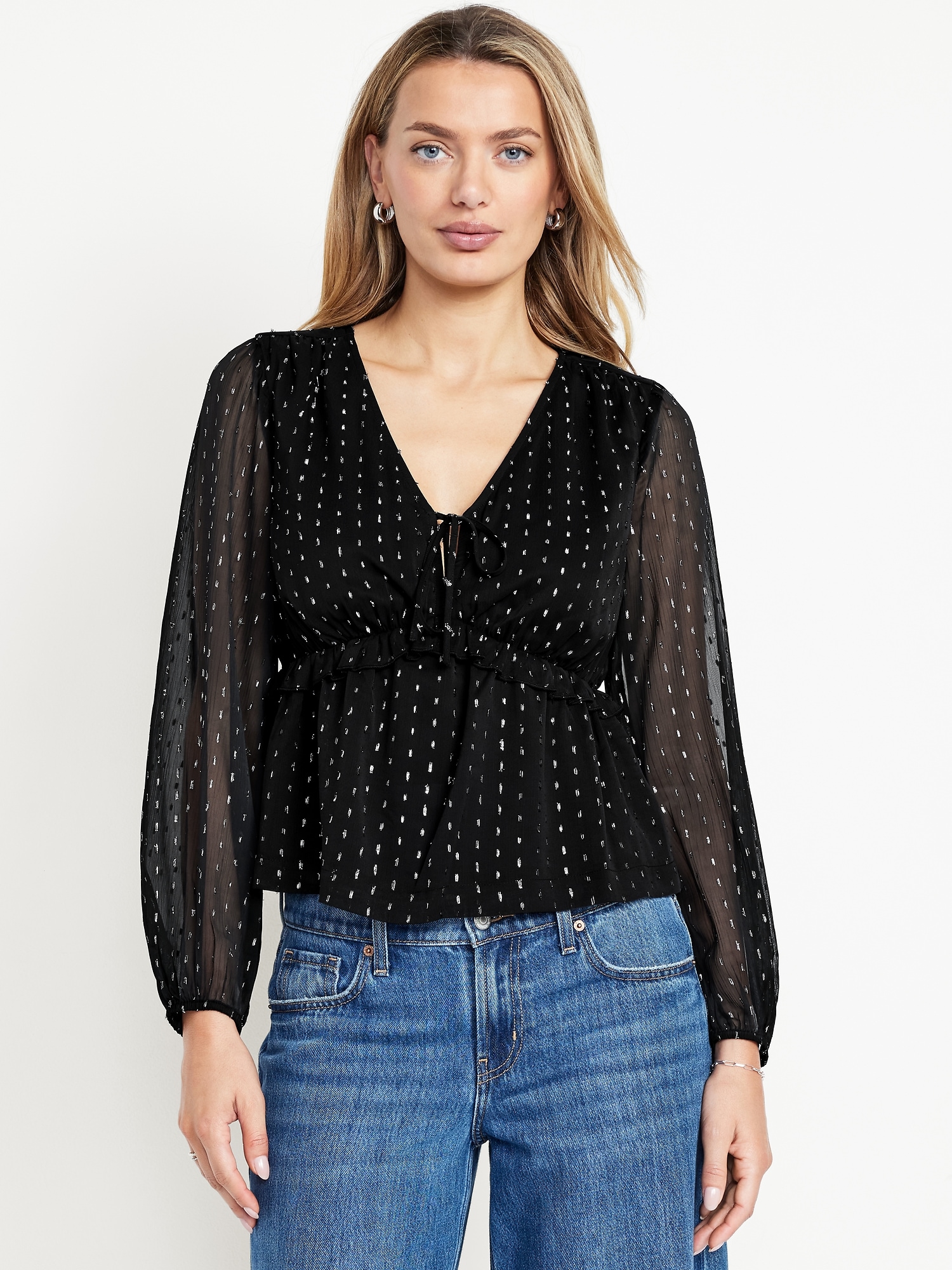 Satin Ruffle Tie-Front Top