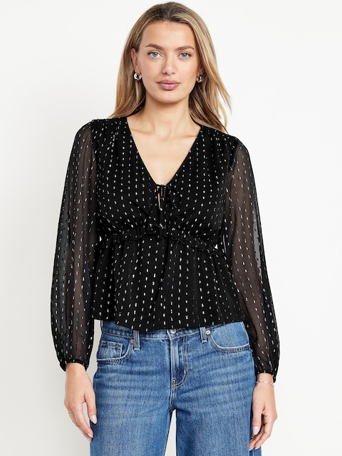 Waist-Defined Ruffle-Trim Clip-Dot Top