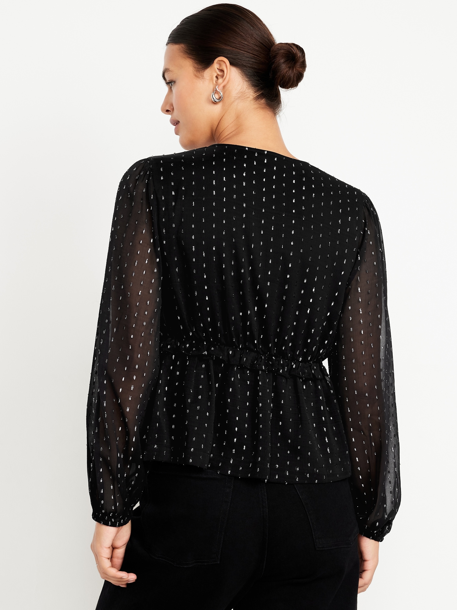 Waist-Defined Ruffle-Trim Clip-Dot Top