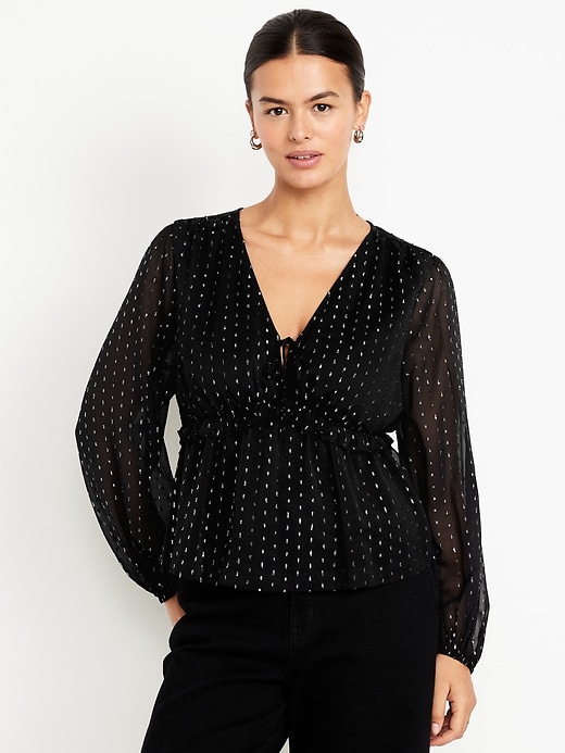 Image number 5 showing, Waist-Defined Ruffle-Trim Clip-Dot Top