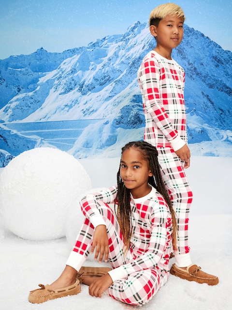 Gender-Neutral Snug-Fit Graphic Pajama Set for Kids - Red Plaid (Match The Fam!)