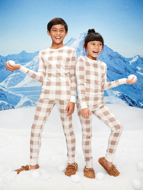 Gender-Neutral Snug-Fit Graphic Pajama Set for Kids - Neutral Plaid (Match The Fam!)